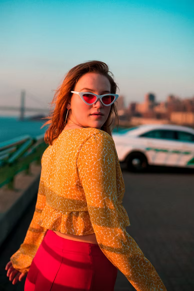 Fashion Young woman in Floral Dress. Sexy Blond Lady in fashion pose.  Trendy, Stylish Hairstyle, fashion Sunglasses, Glamour Heels. Playful Girl,  Spring Summer Outfit Photos | Adobe Stock